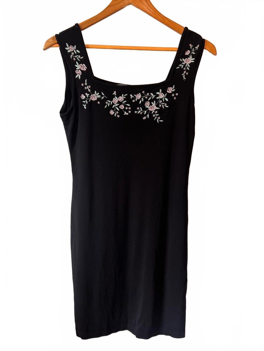 Vintage Casual Corner Black Floral Embroidered Shift Tank Dress Sz 8